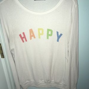 White WildFox “HAPPY” sweater with rainbow letters